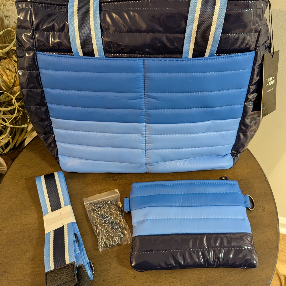 Stylish Blue Quilted Tote Bag Set
